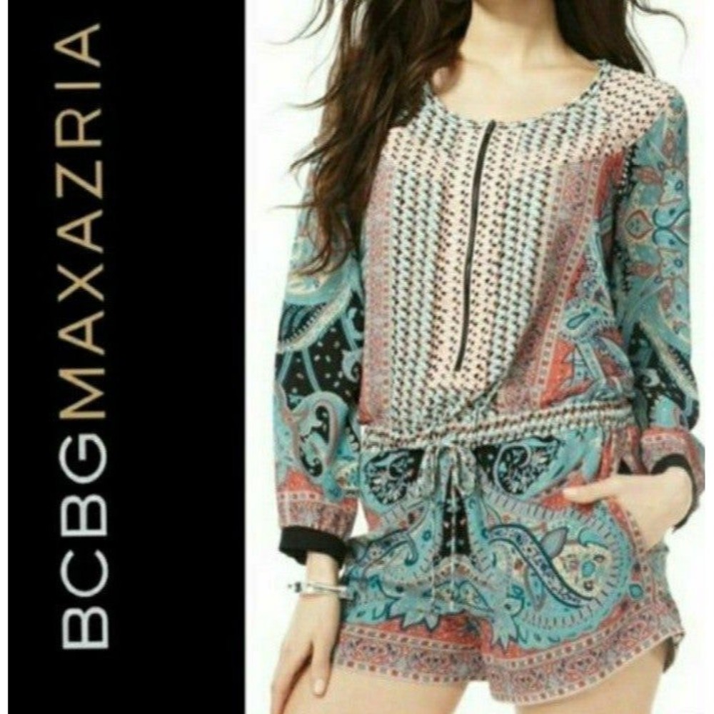 BCBGMAXAZRIA ROMPER BOHO HIPPIE ROMPER SCARF PRINT MEDIUM WOMENS MEDIUM NWOT